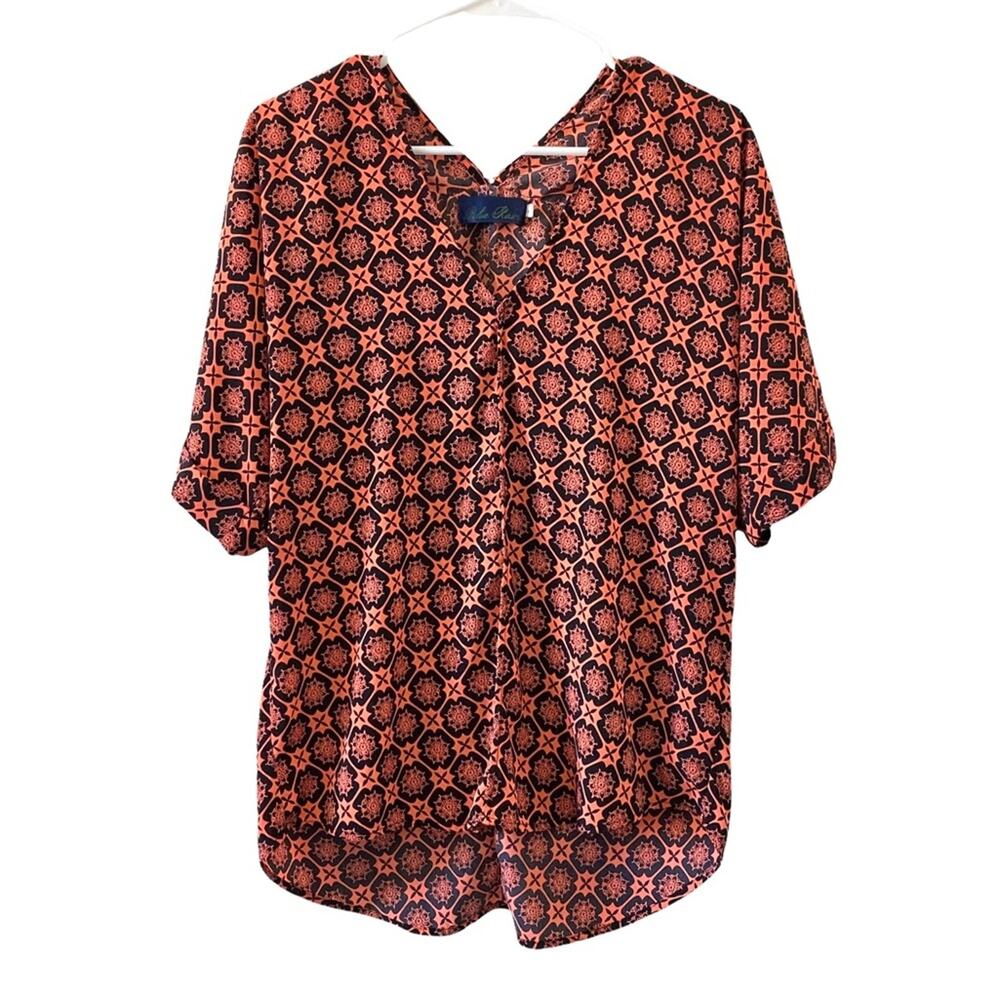 BLUE RAIN Floral Geometric Print High Low V Neck Tunic Blouse Size Small